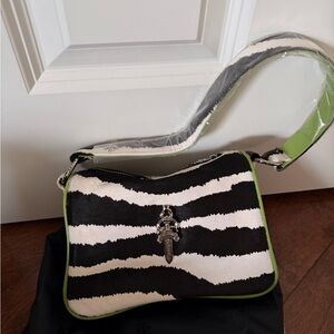 Chrome Hearts Black and White Zebra Print Shoulder Bag with Green Accents